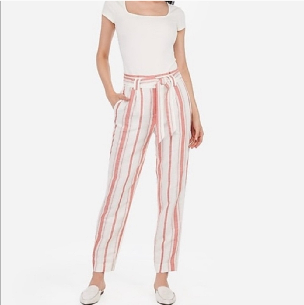 NEW Express striped linen blend ankle high rise pants‎ 2